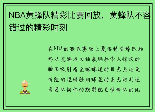 NBA黄蜂队精彩比赛回放，黄蜂队不容错过的精彩时刻